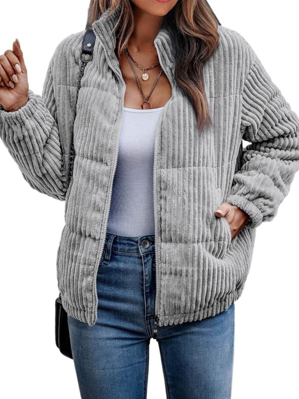 Cozy Corduroy Bomber Jacket - Quilted Zip-Up Winter Coat with Pockets